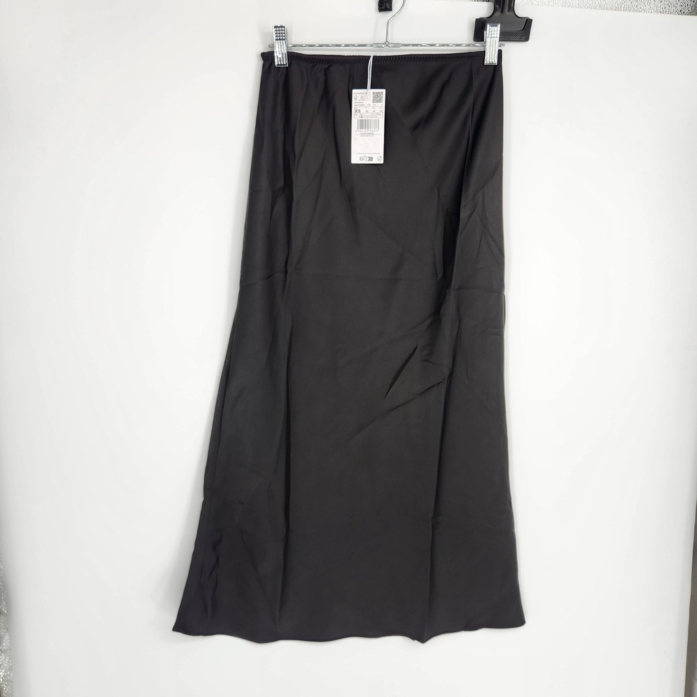 Mango Satin Long Skirt Black Midi Elastic Waist REF 77052937 Size XS NWT